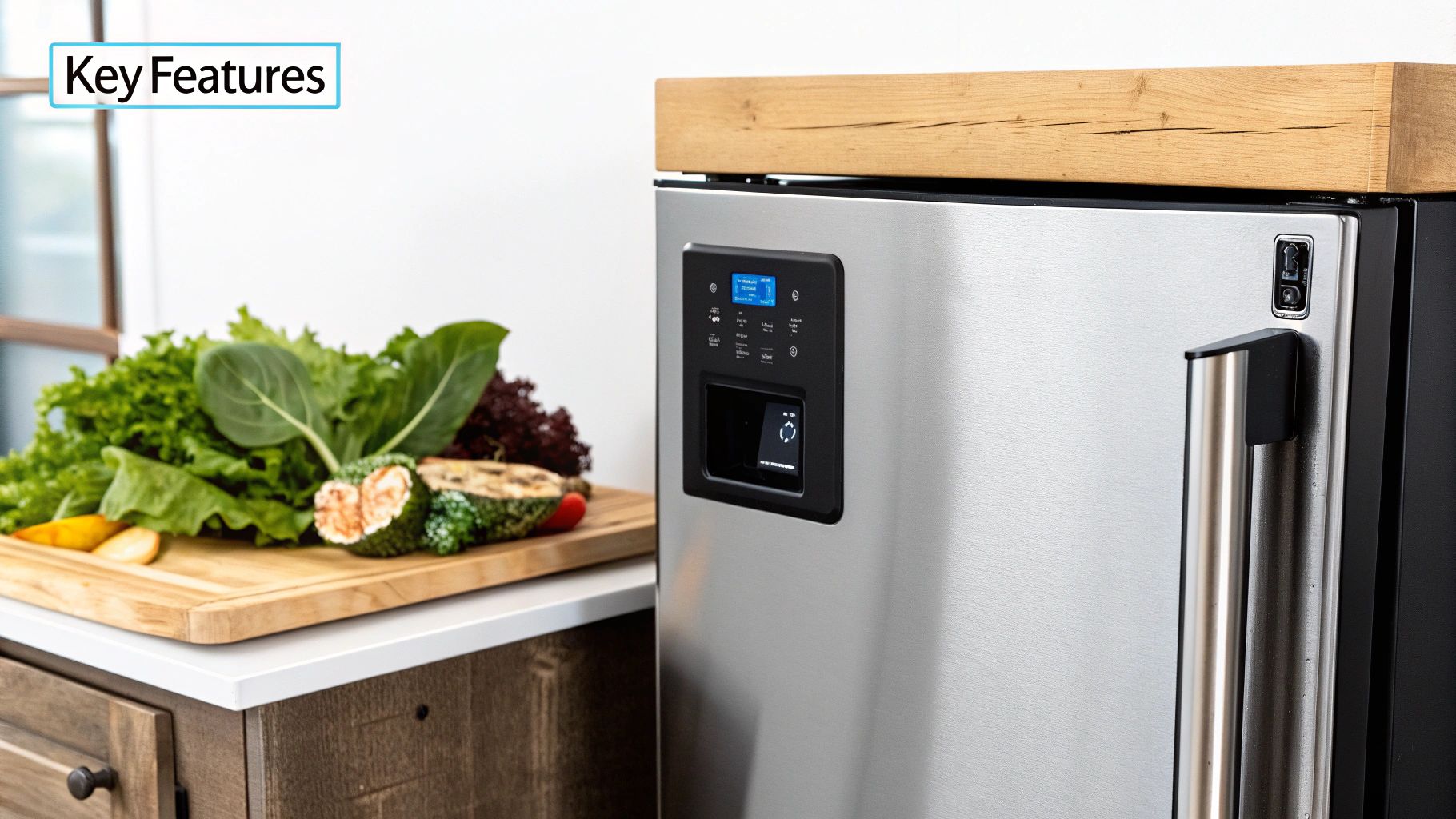 A sleek stainless steel refrigerator with a water dispenser and fresh green vegetables on a cutting board.