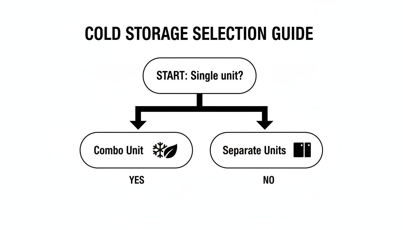 A flowchart illustrating the cold storage selection process, deciding between combo or separate units based on single unit need.