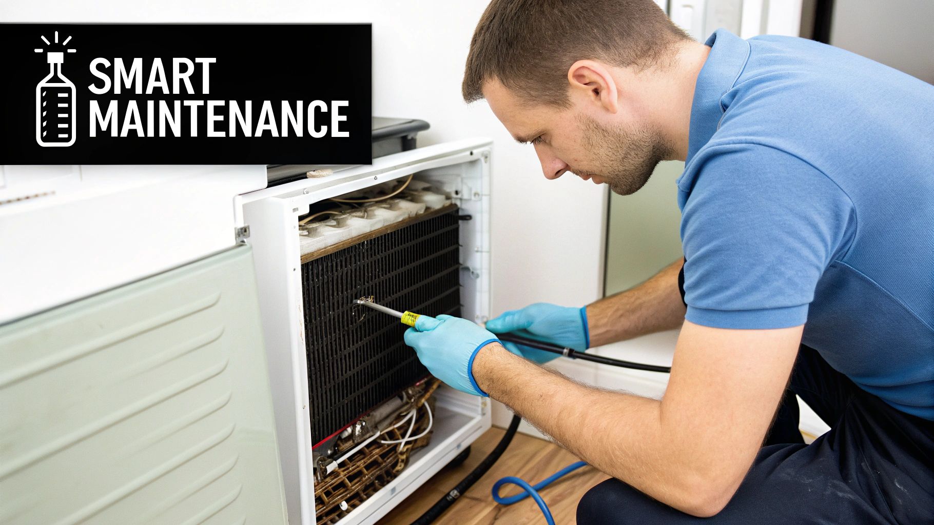 Technician in blue gloves cleans a commercial back bar fridge's condenser coil for maintenance.