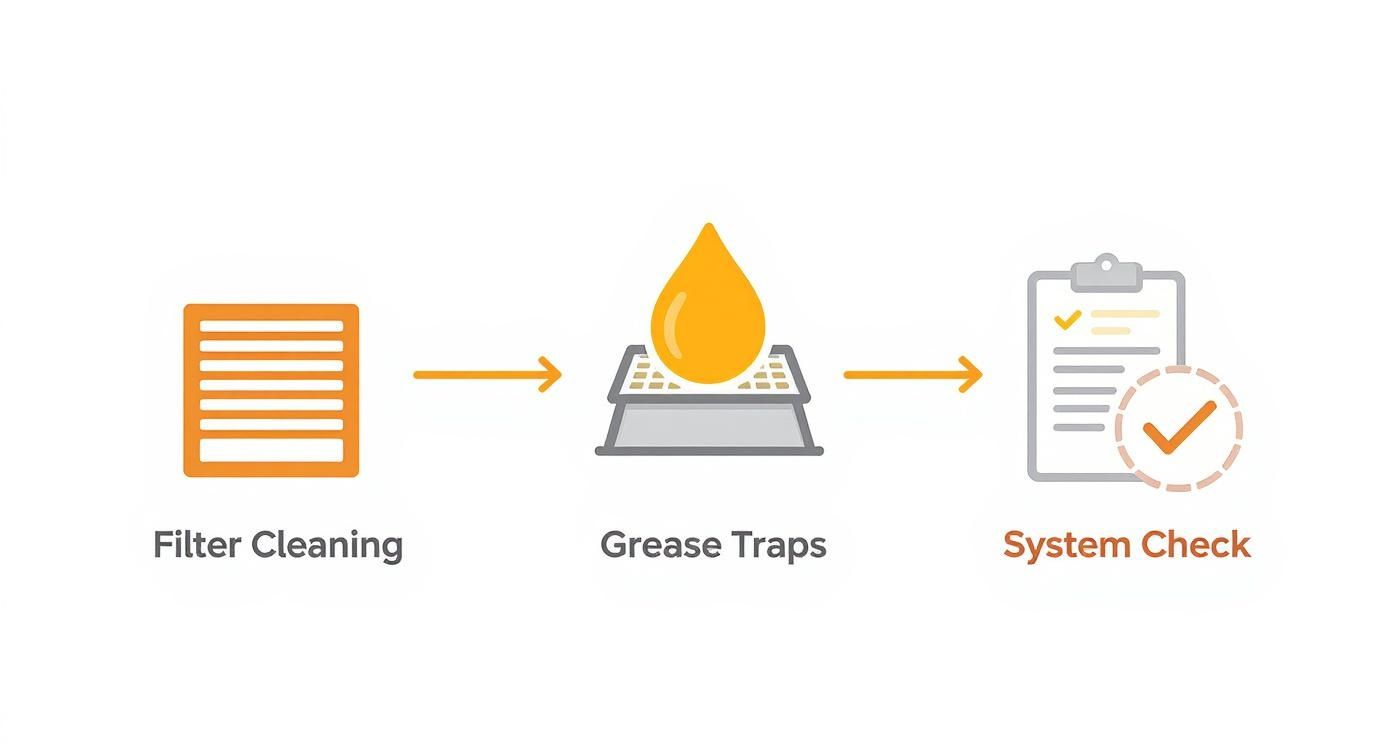 A workflow diagram showing three steps: filter cleaning, grease trap maintenance, and system check.