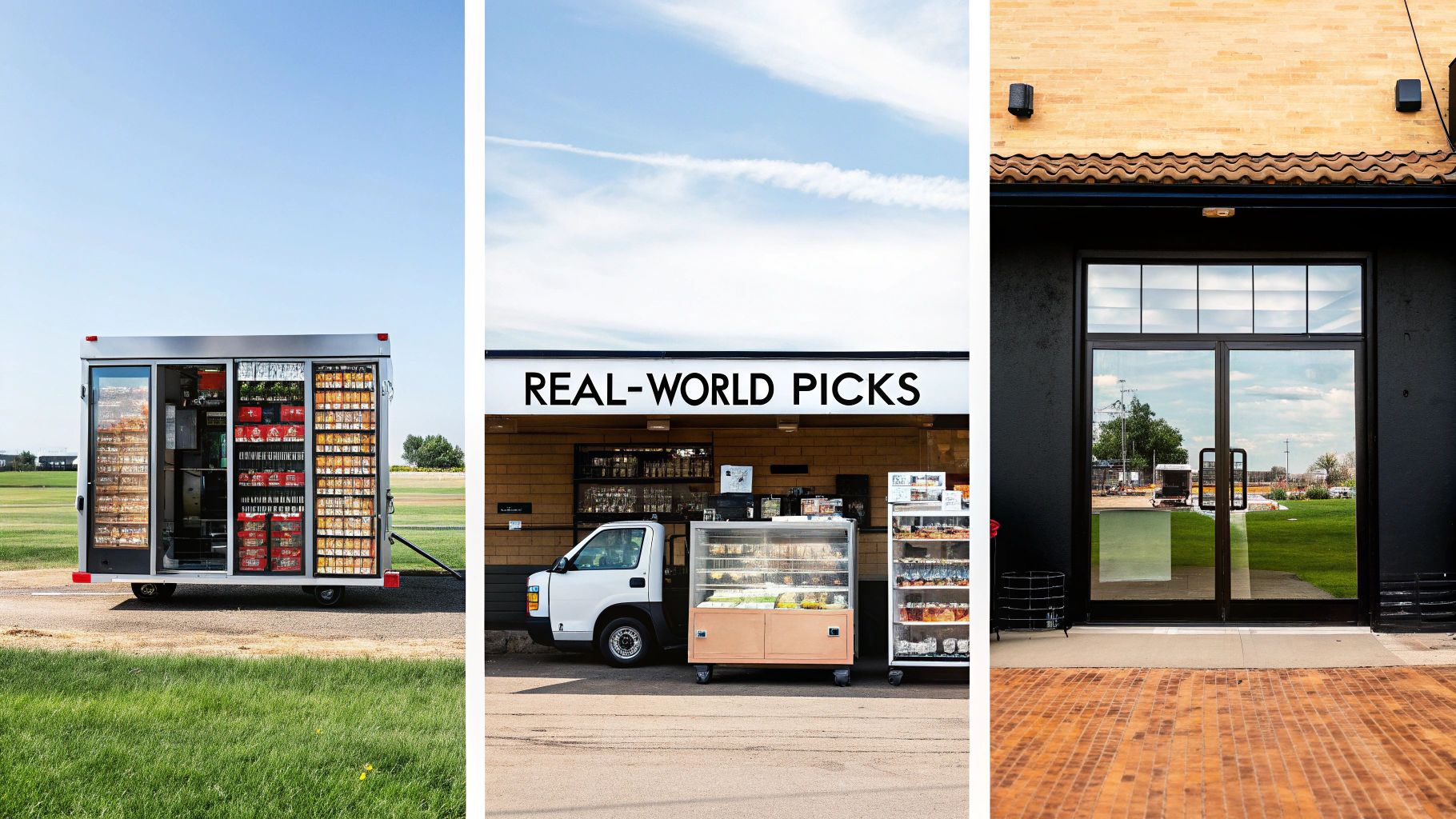 Three scenes showcasing commercial food display units, including a mobile vending trailer and store fronts.