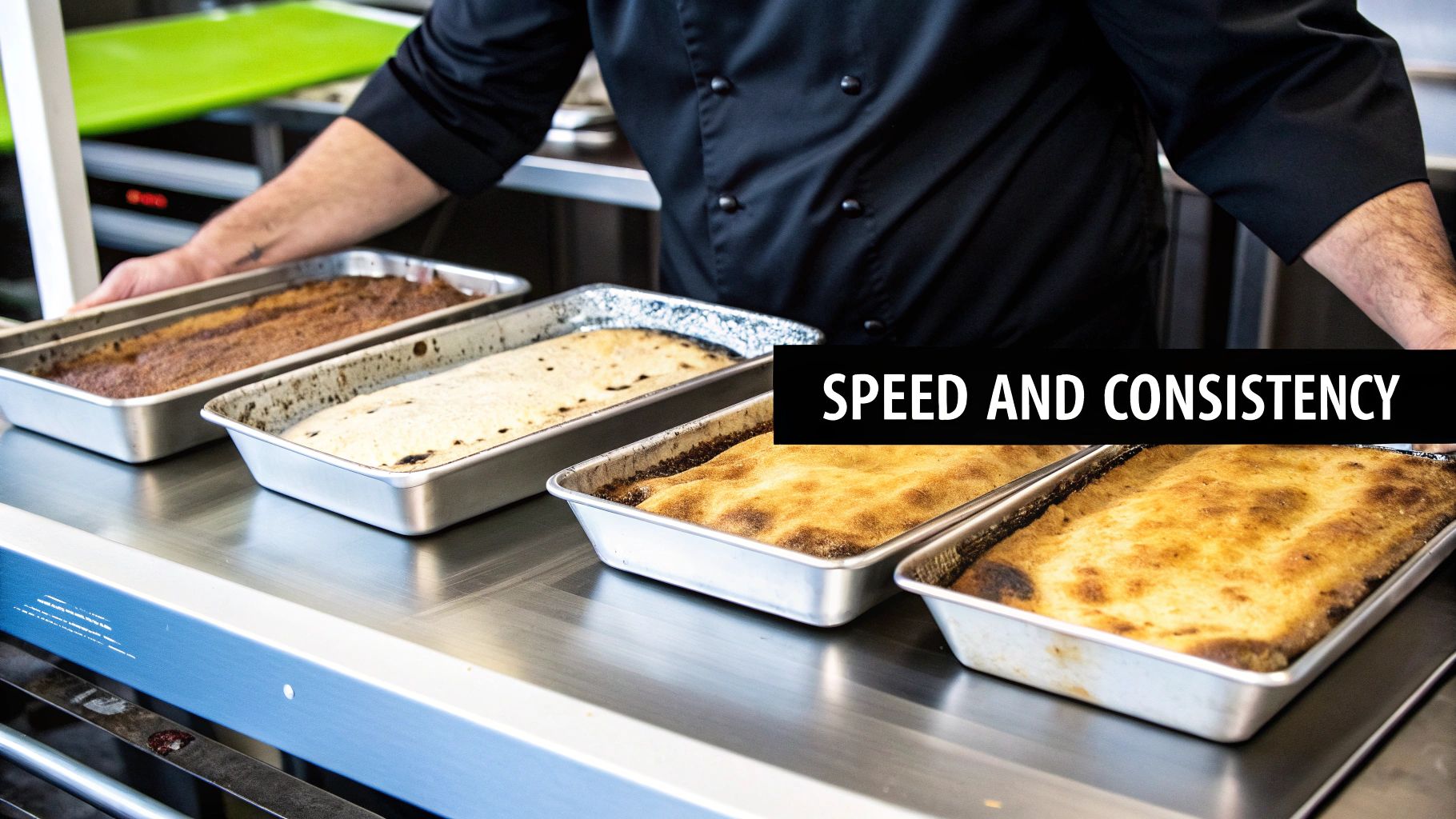 Chef arranging several large pans of baked food on a stainless steel counter in a commercial kitchen.