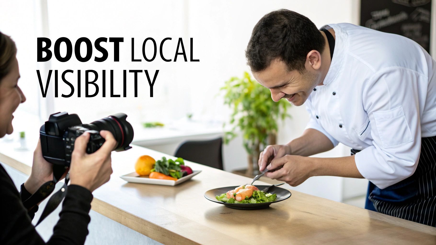 A photographer captures a smiling chef artfully plating a fresh salmon salad, boosting local visibility.