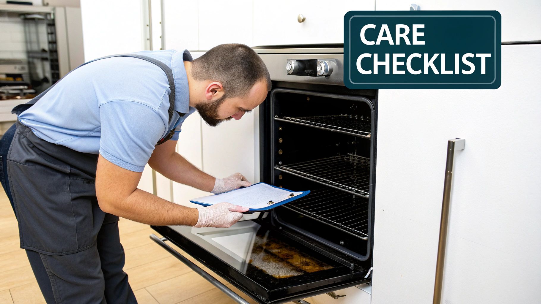 A maintenance worker wearing gloves inspects a dirty oven interior using a care checklist.