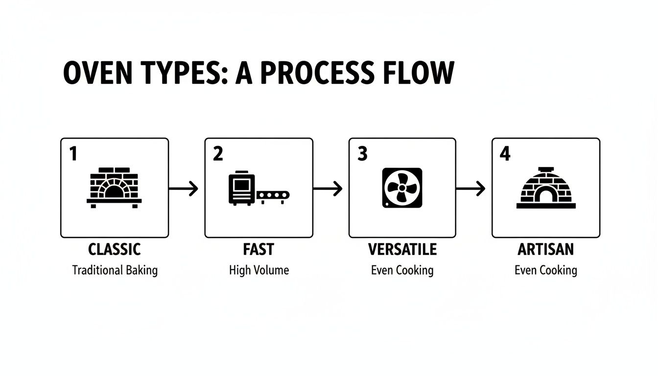 A process flow diagram illustrating four oven types: Classic, Fast, Versatile, and Artisan, with their key features.