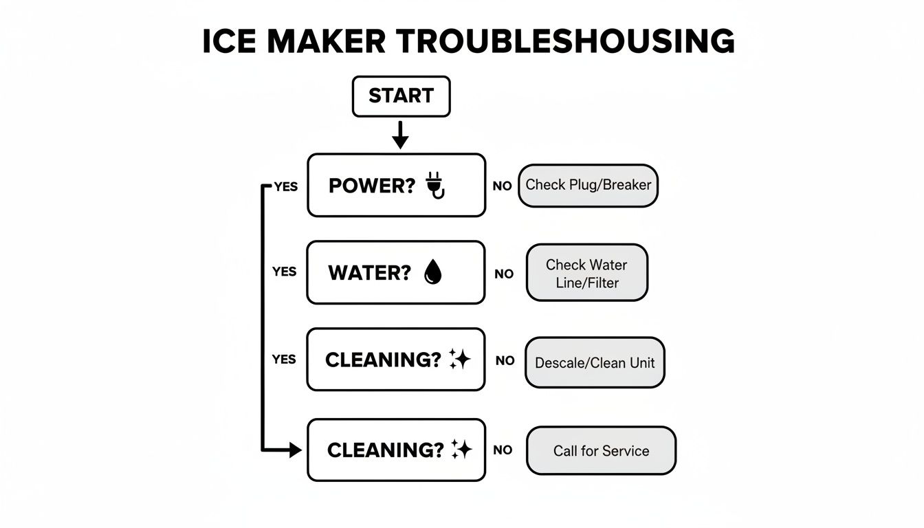 Flowchart for ice maker troubleshooting, guiding users through checks for power, water, and cleaning issues.