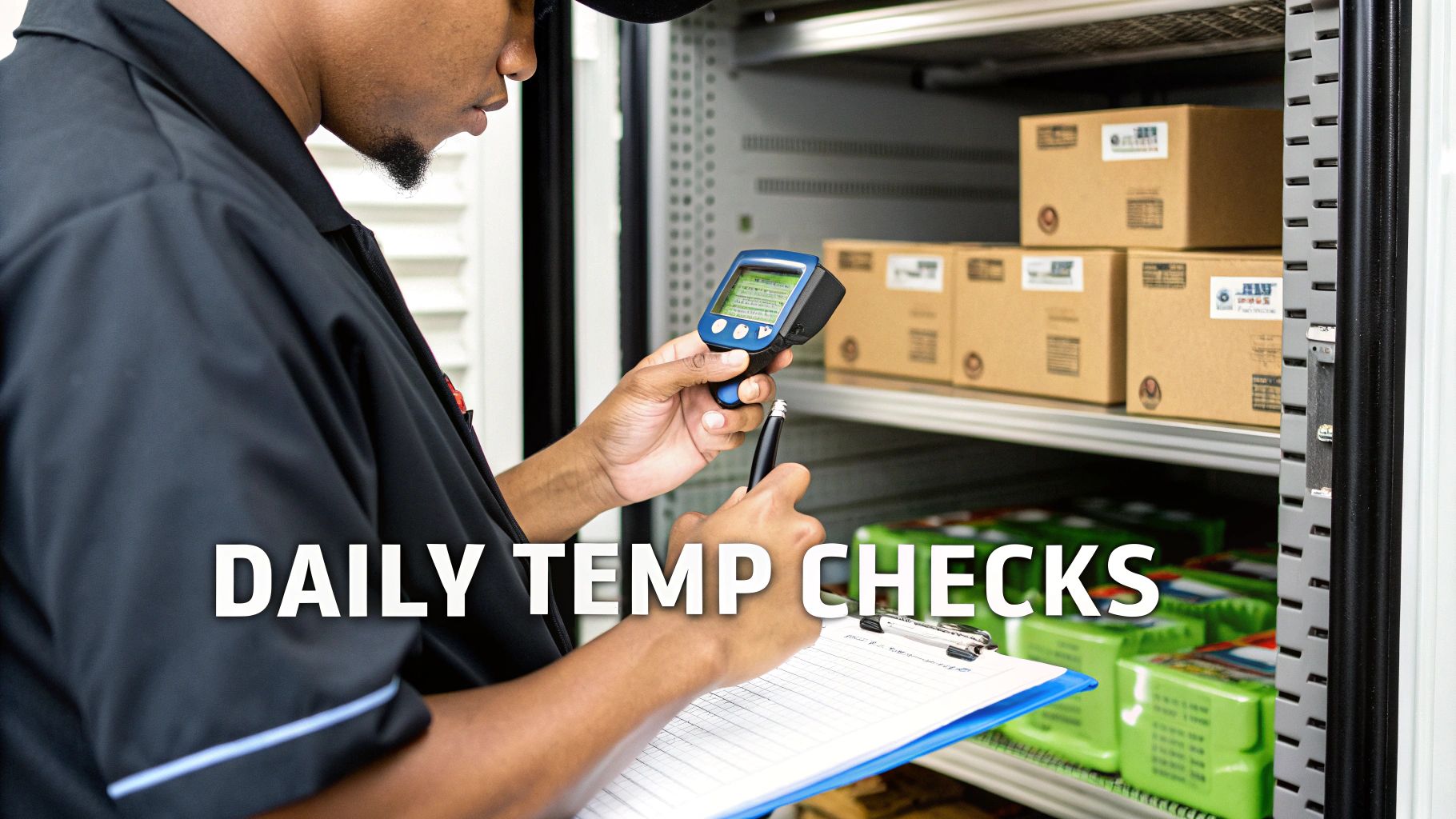 A worker performing daily temperature checks in a walk-in cooler, holding a thermal gun and clipboard.