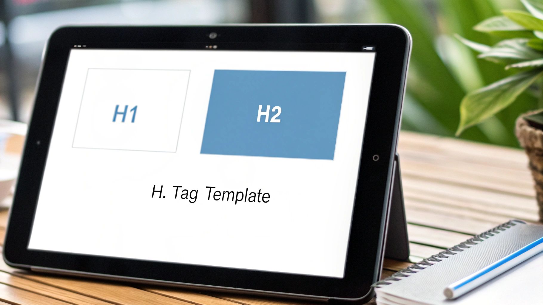 Tablet screen with 'H. Tag Template' featuring 'H1' and 'H2' boxes, relevant for SEO optimization.