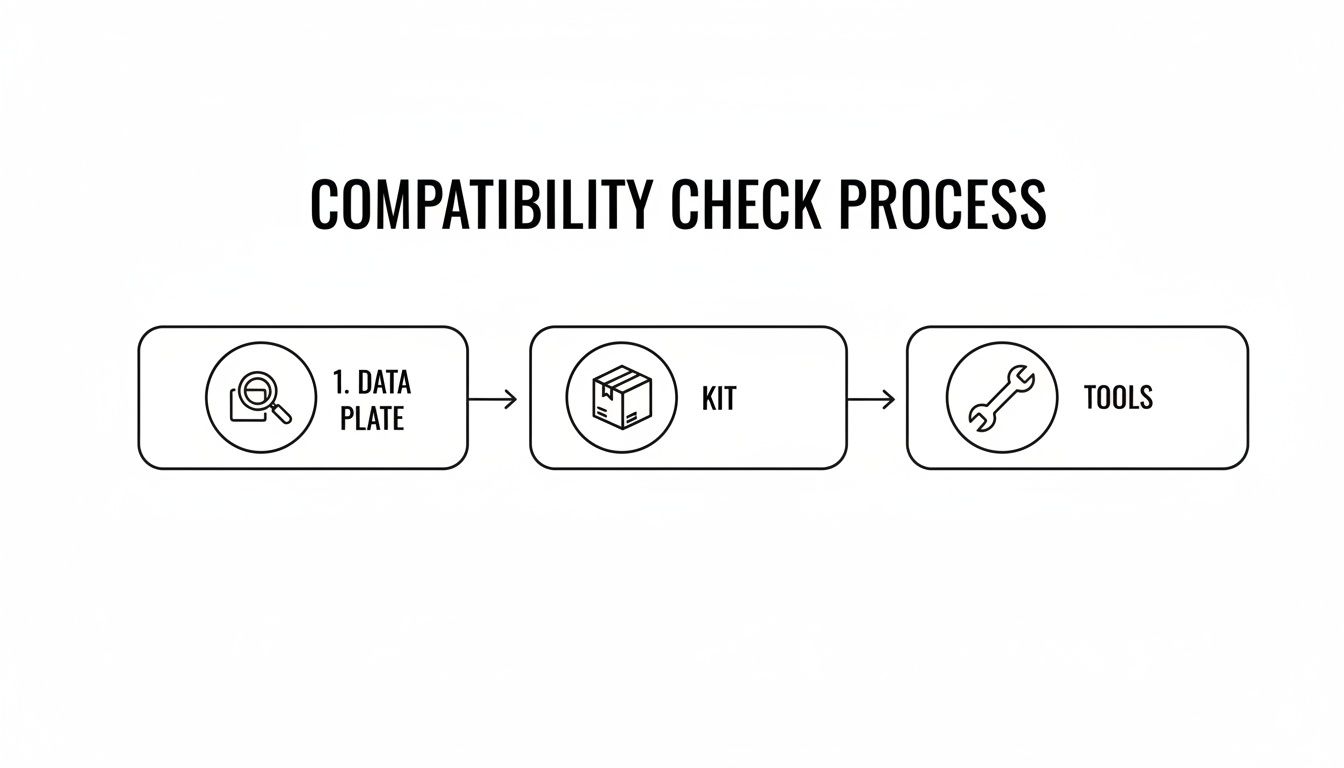 A flowchart illustrates the compatibility check process, detailing steps for data plate, kit, and tools.
