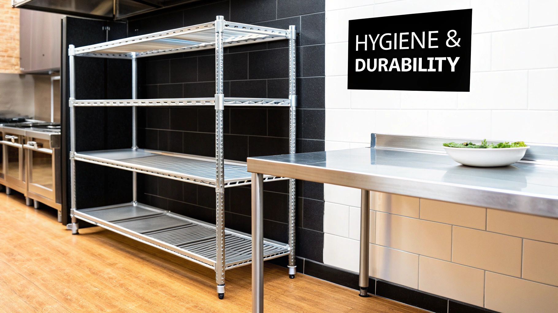 Modern commercial kitchen featuring durable stainless steel shelving racks, a prep table, and tiled walls.