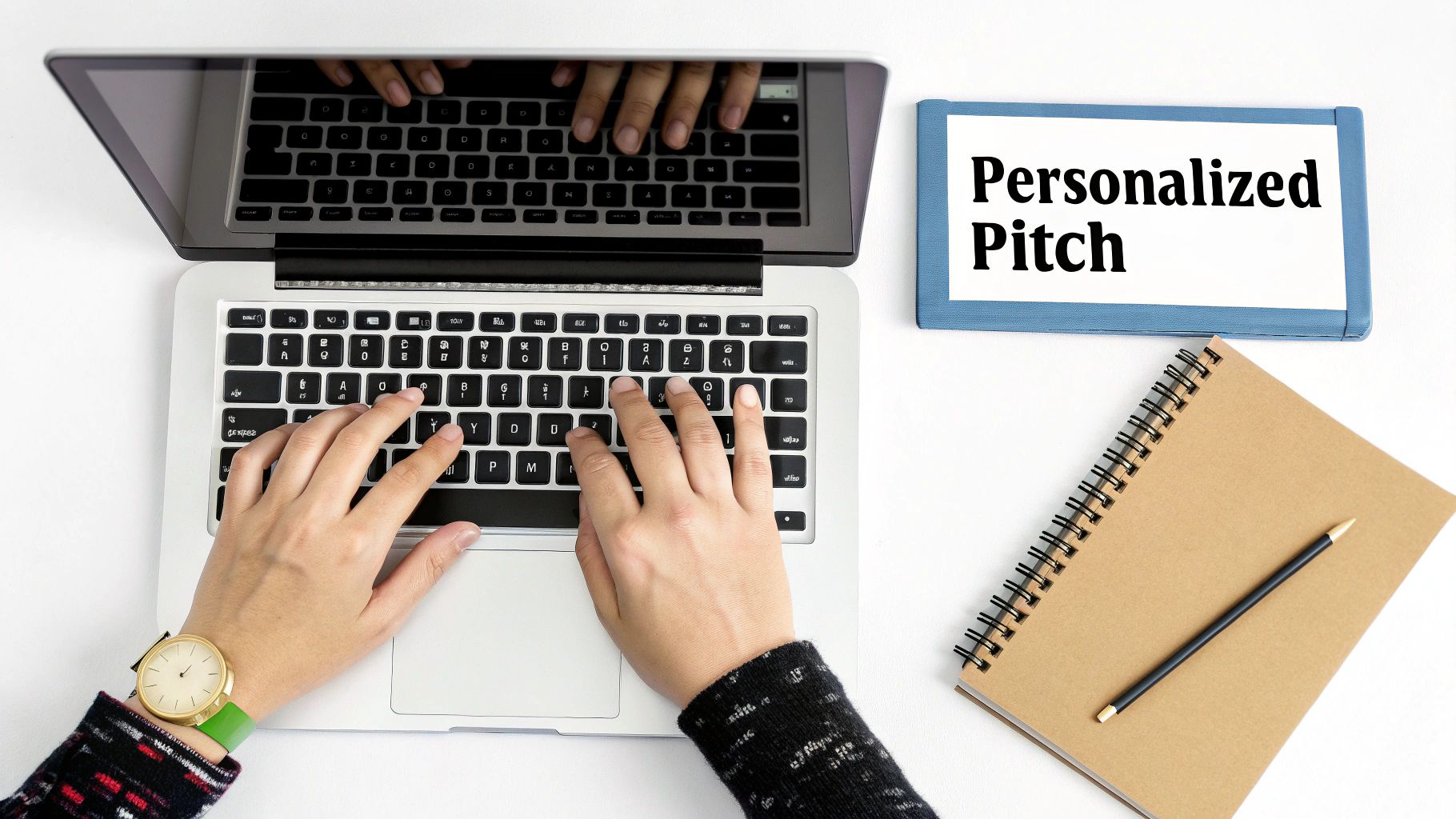 Flat lay of hands typing on a laptop with a 'Personalized Pitch' document and a notebook on a white desk.