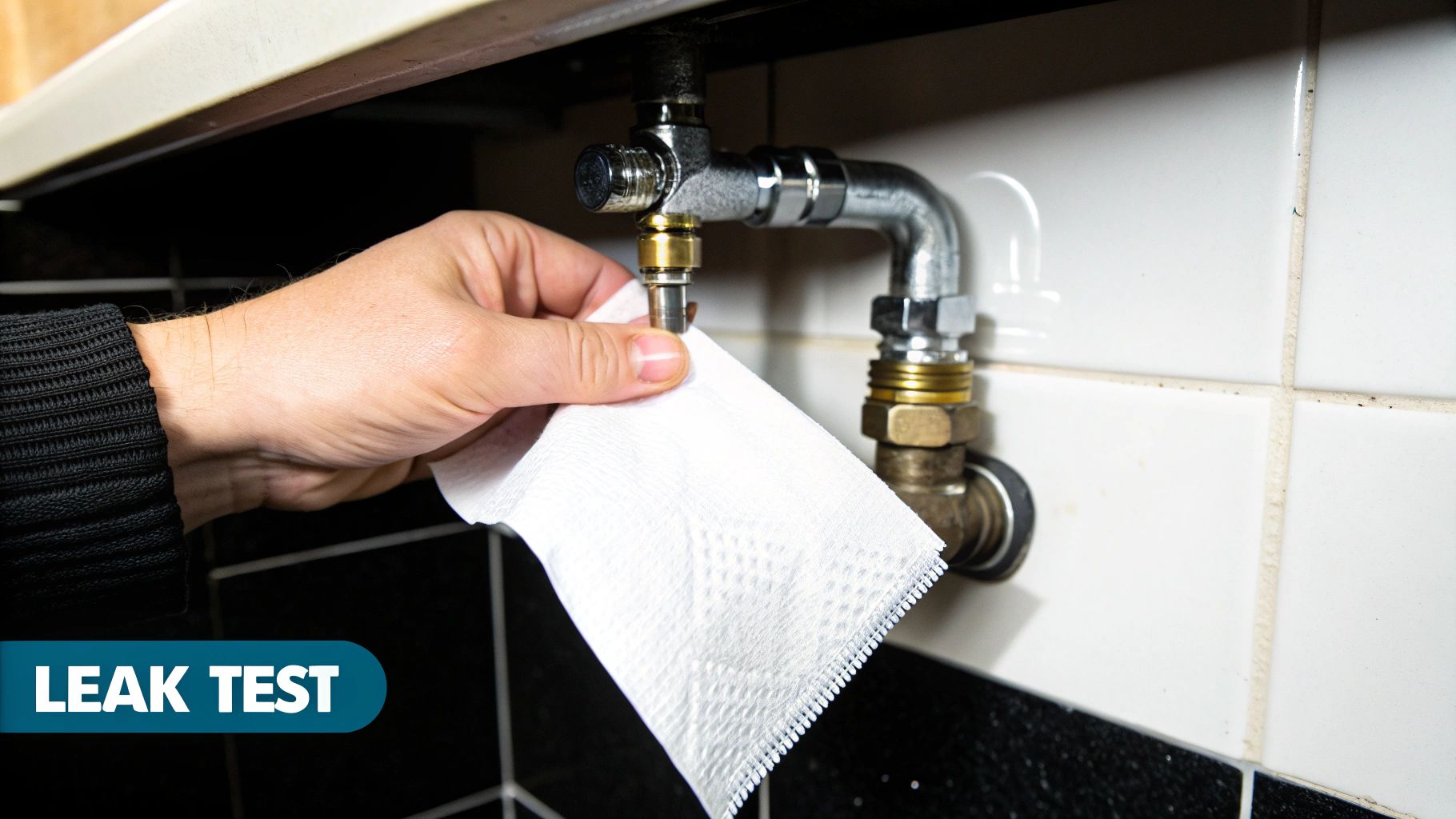 A person's hand performing a leak test on a metal water pipe connection with a paper towel.