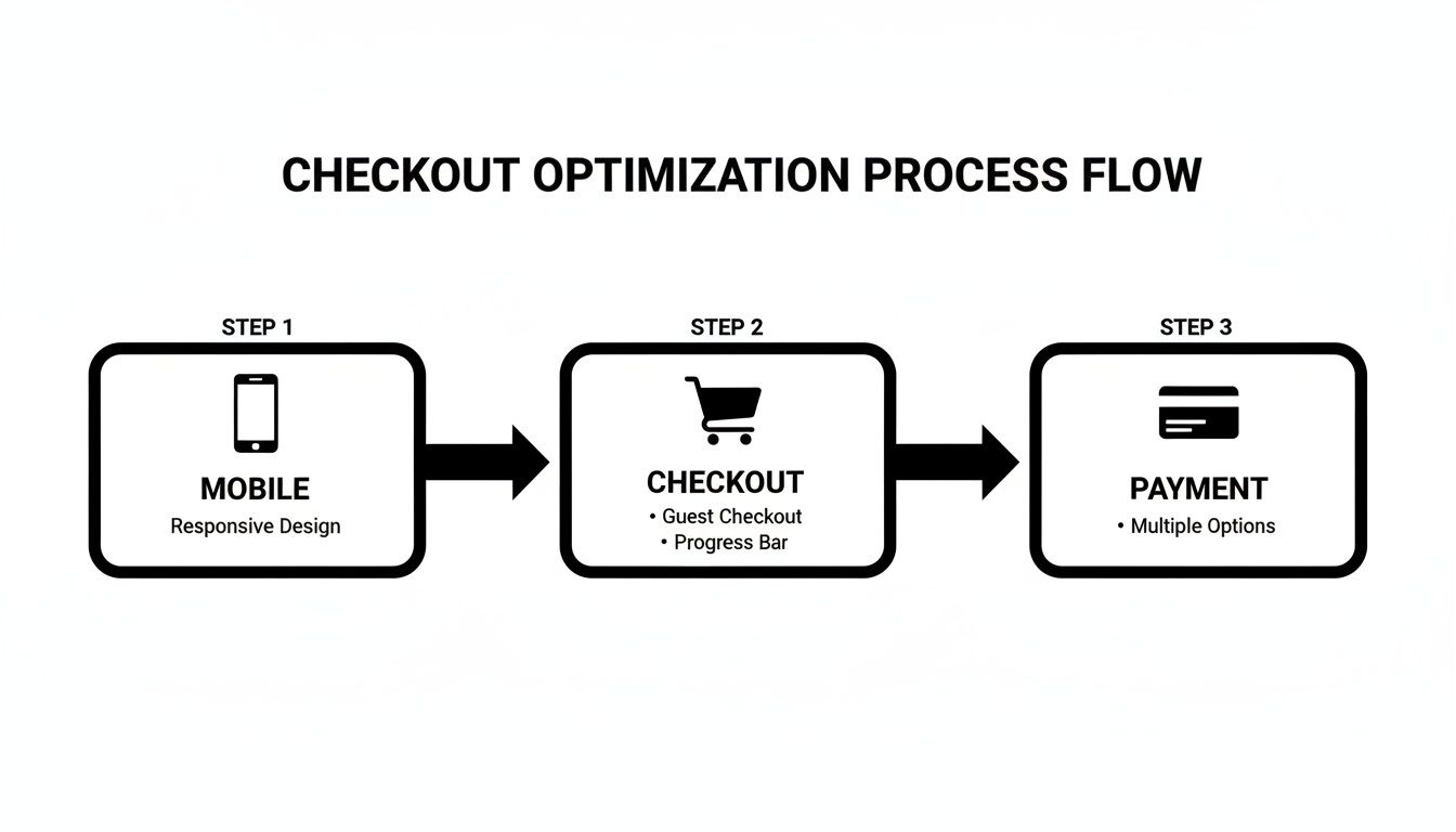 A three-step process flow diagram illustrating checkout optimization for e-commerce.