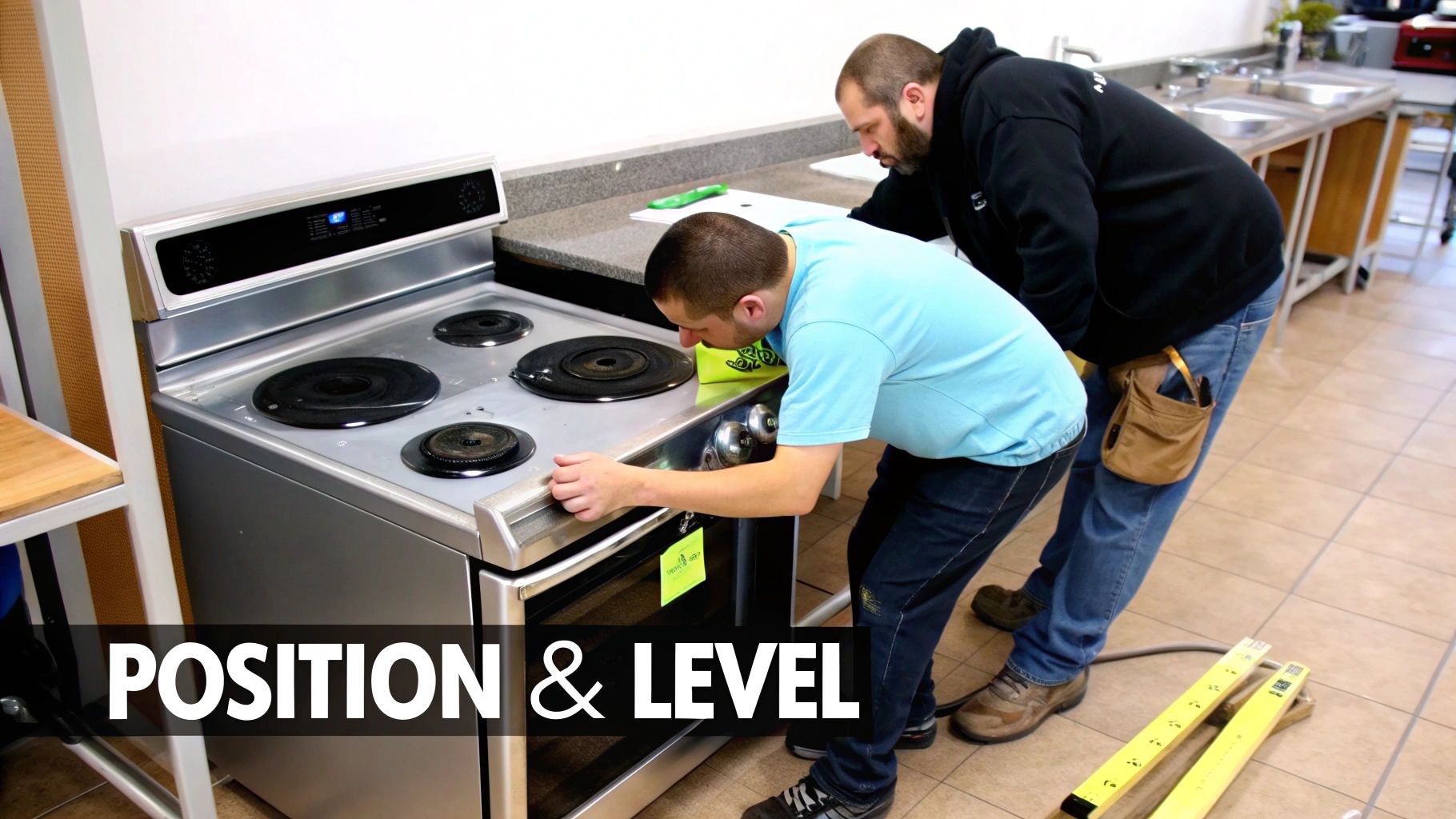 Two men adjusting and leveling an electric stove, with one bending and the other observing.