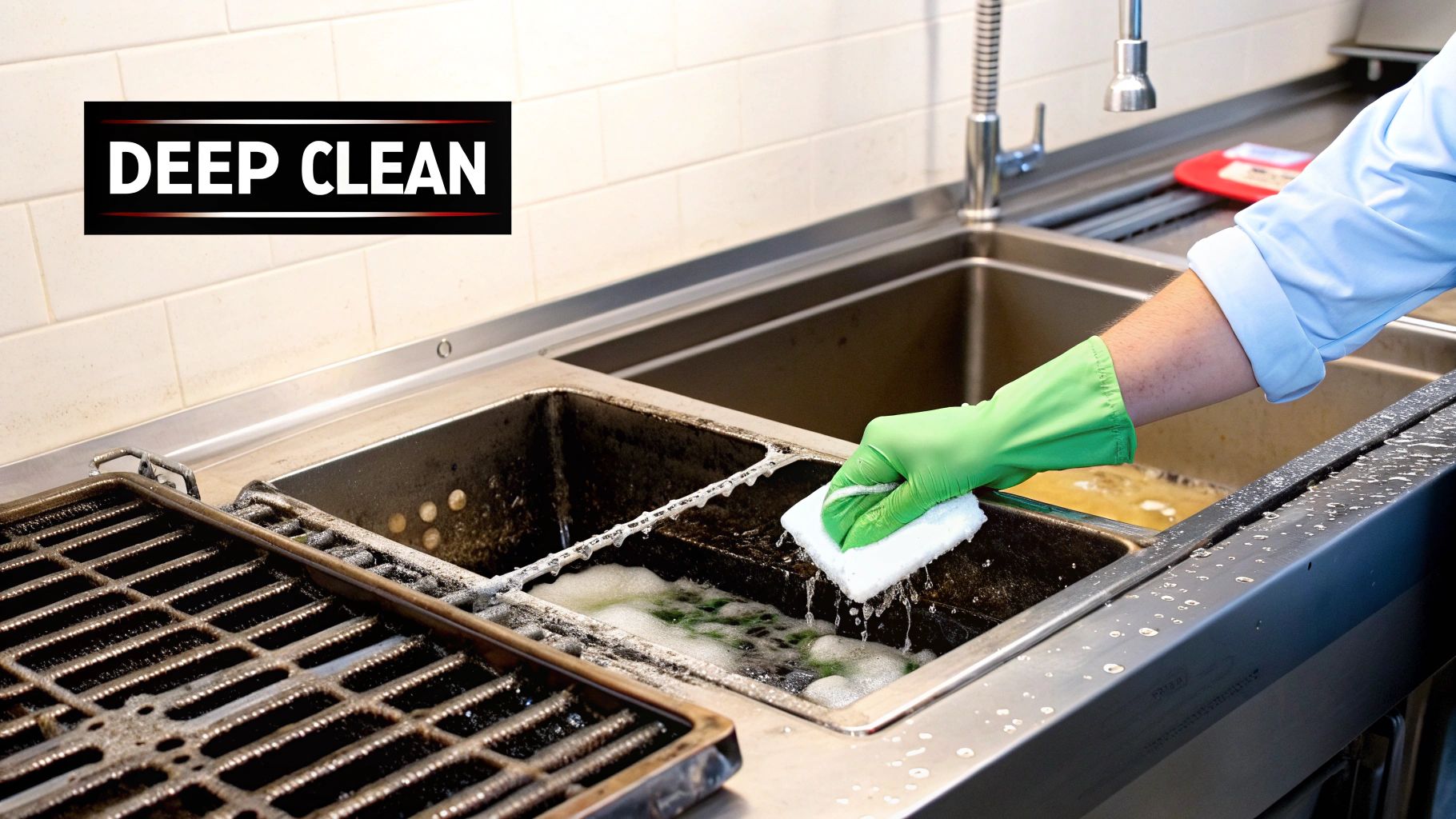 Close-up of a hand in green gloves scrubbing a greasy grill grate in a kitchen sink.
