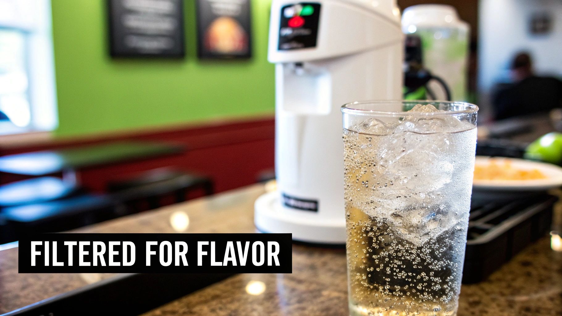 A refreshing glass of sparkling water with ice next to a white commercial water dispenser, emphasizing flavor.