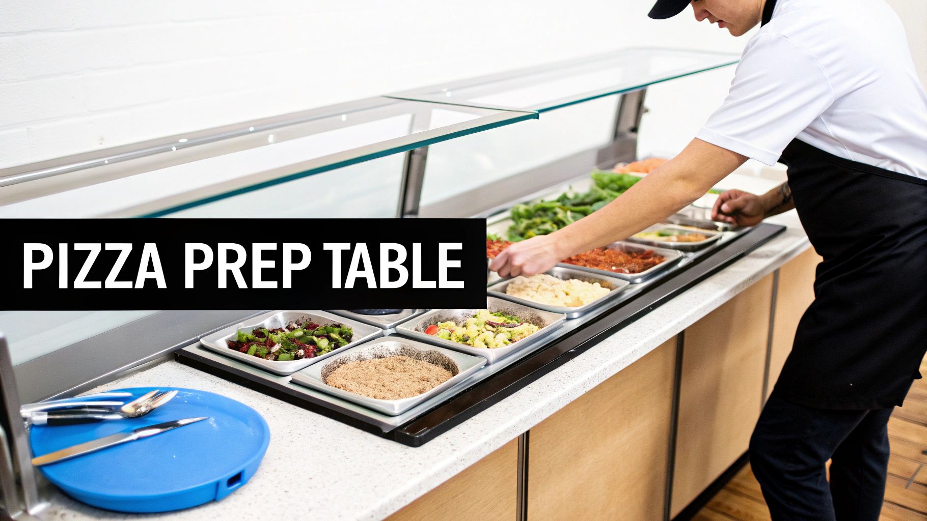 A chef adds ingredients to a pizza prep table with fresh toppings in stainless steel containers.