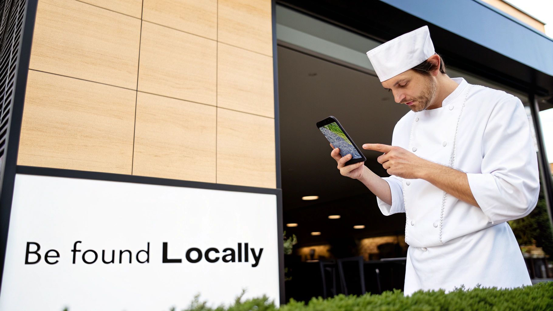 A restaurant owner using a tablet to search for local equipment suppliers.