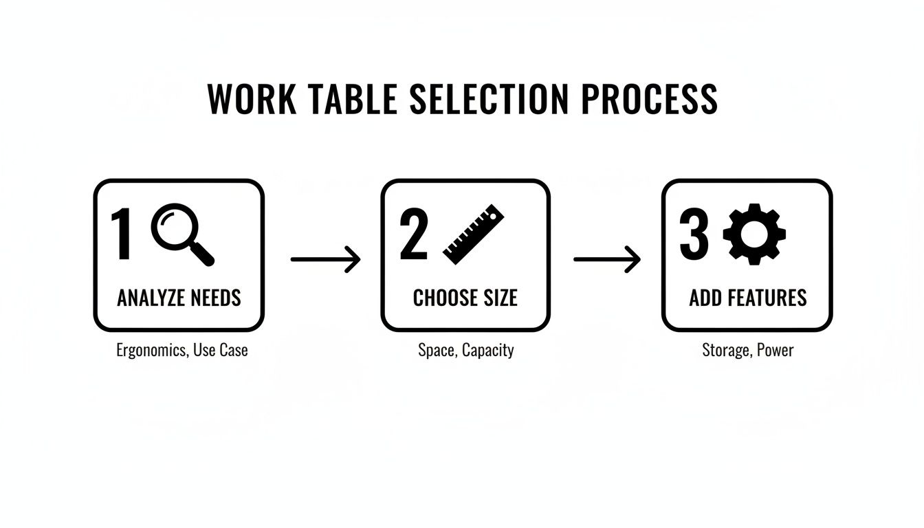Infographic showing the work table selection process: analyze needs, choose size, and add features.