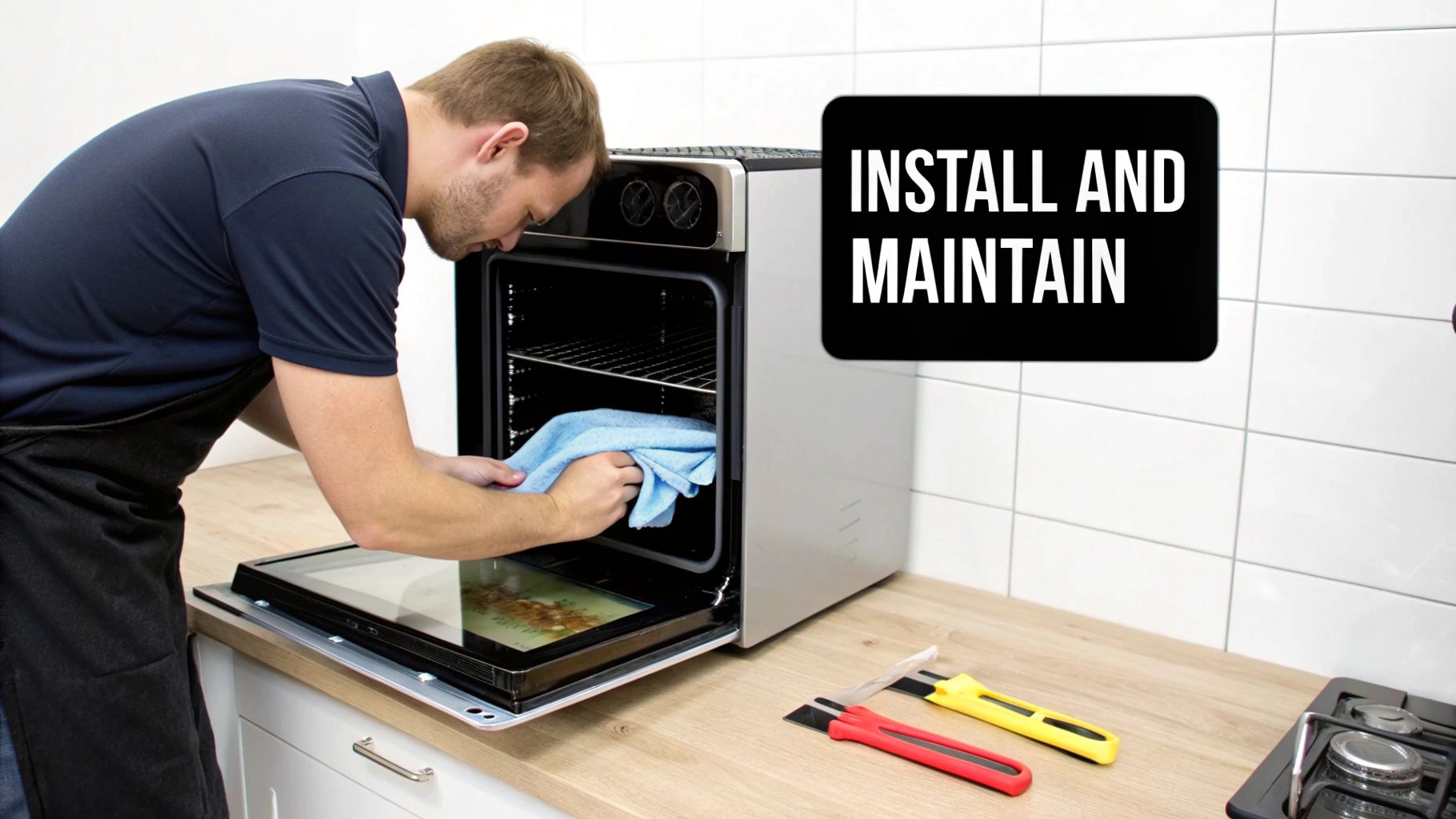 A man in a dark shirt and apron is cleaning the inside of a silver oven with a blue cloth.