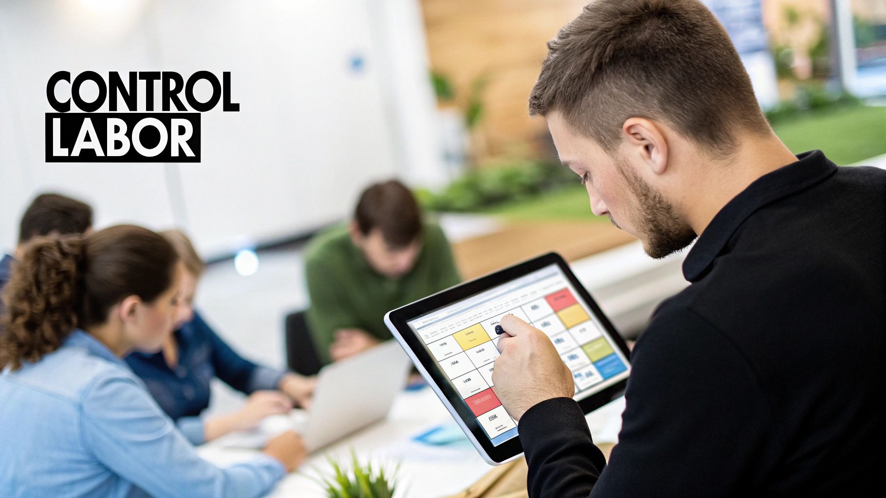 A person uses a tablet to manage labor, with 'CONTROL LABOR' text overlayed, in a modern office.