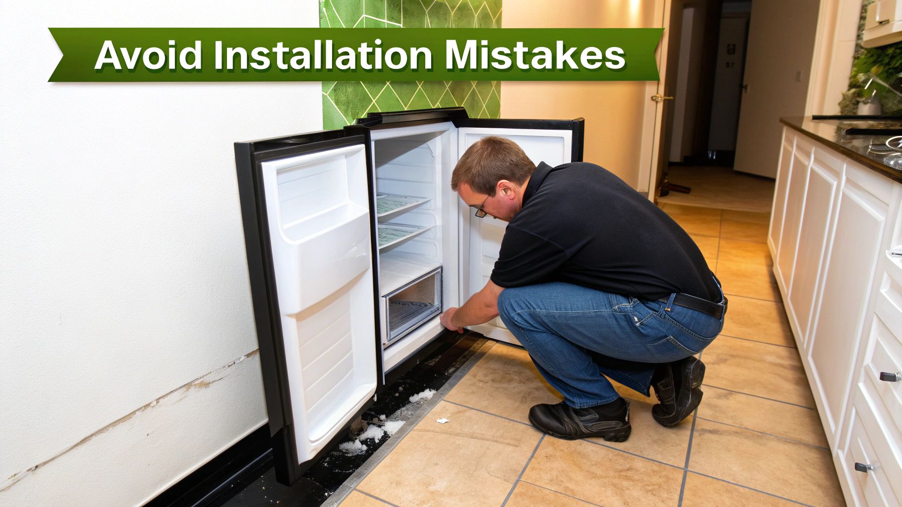 Man troubleshooting an open undercounter mini-fridge, with melted ice on the floor, highlighting installation mistakes.
