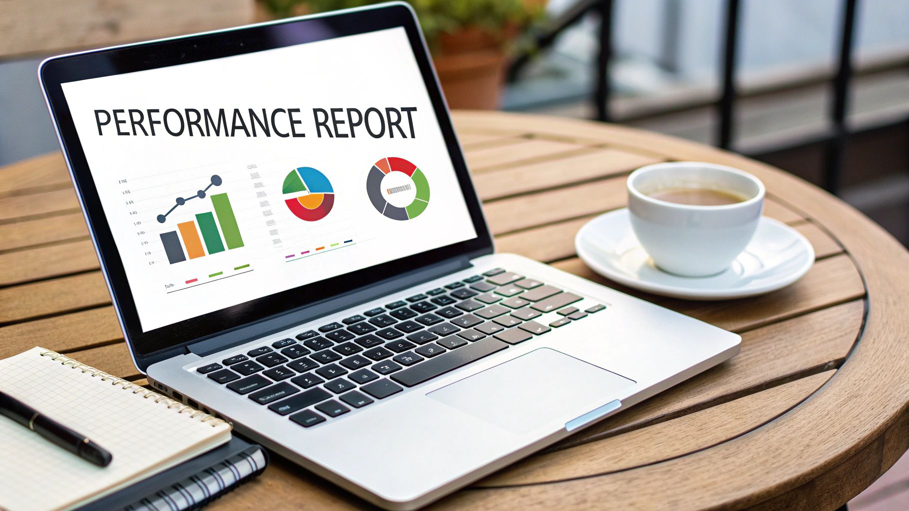 A laptop on a wooden table displays a 'Performance Report' with graphs and charts, next to a coffee cup and notebooks.
