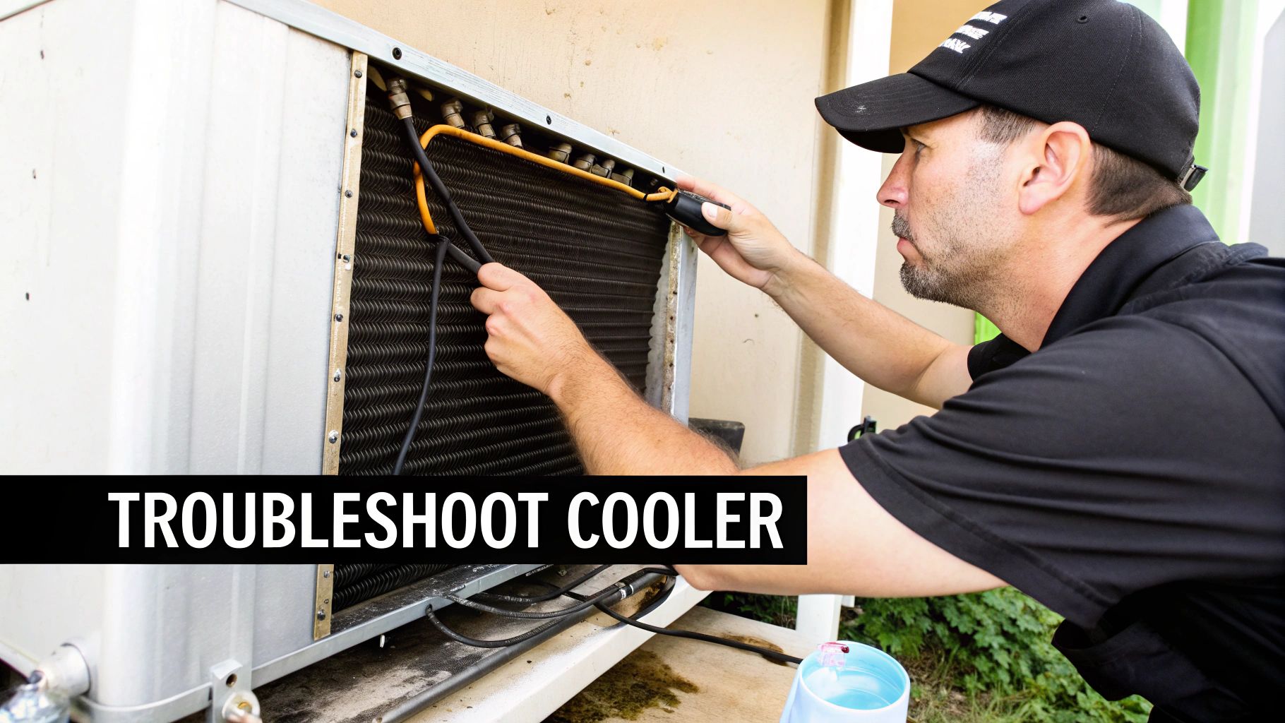 A technician in a black cap troubleshooting an outdoor cooler unit, examining its coils and wiring.