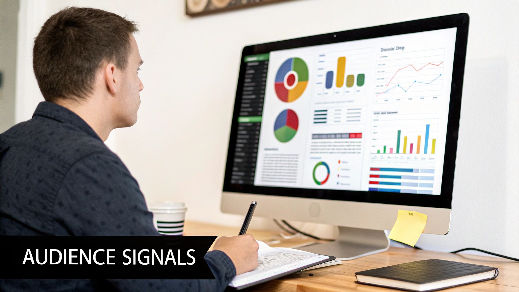 A man analyzes data on a computer screen displaying charts and graphs, while taking notes.