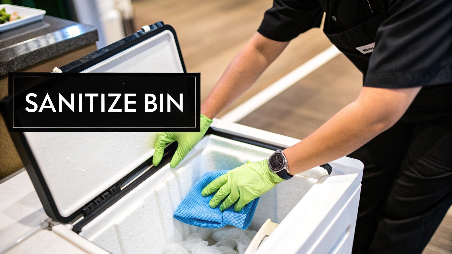 Worker wearing bright green gloves cleaning and sanitizing white commercial ice storage bin