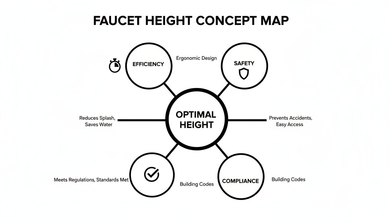 Concept map showing factors for optimal faucet height, including efficiency, safety, and compliance.