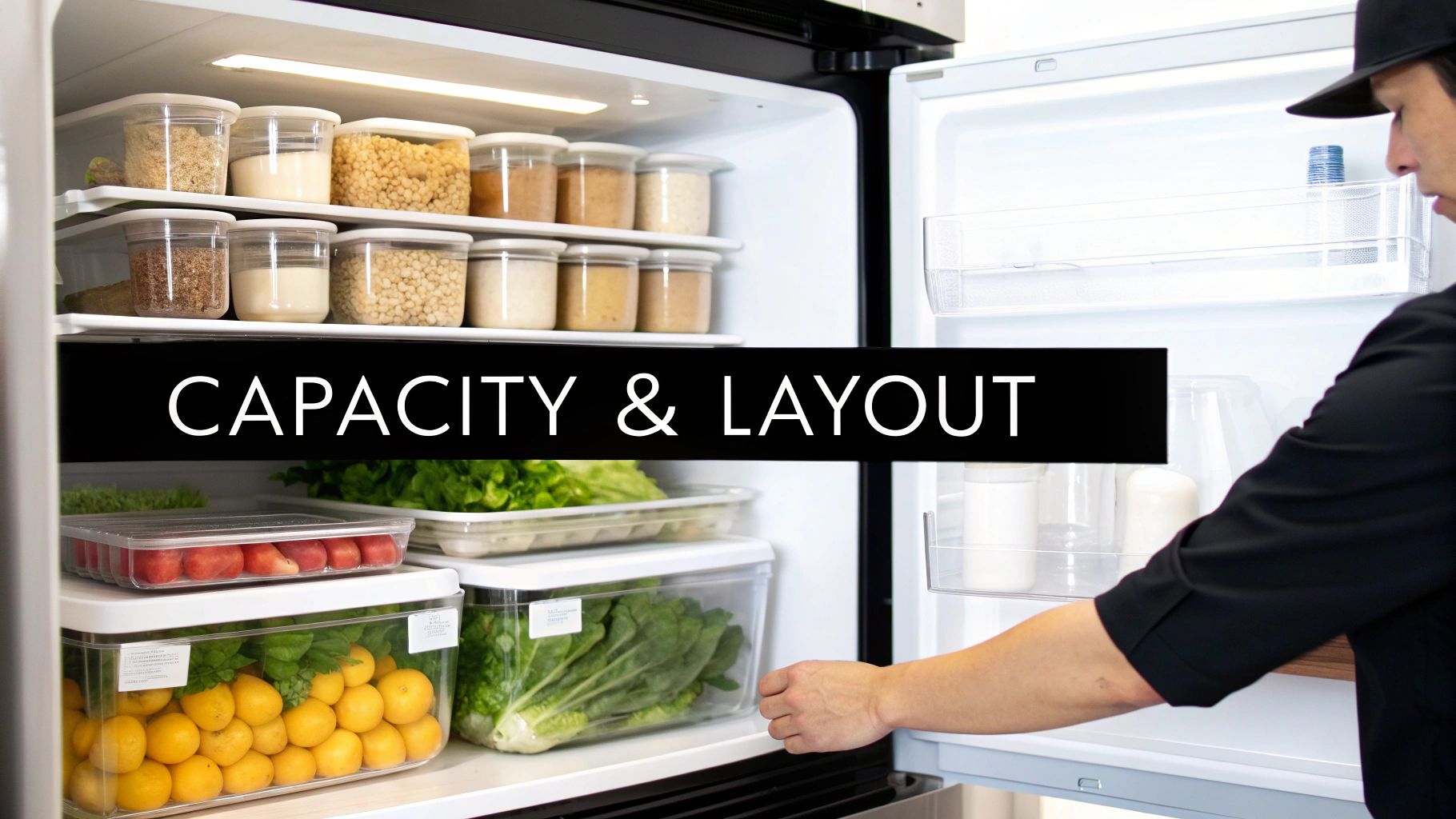 Inside a well-organized refrigerator with clear food containers and a person reaching, highlighting capacity and layout.
