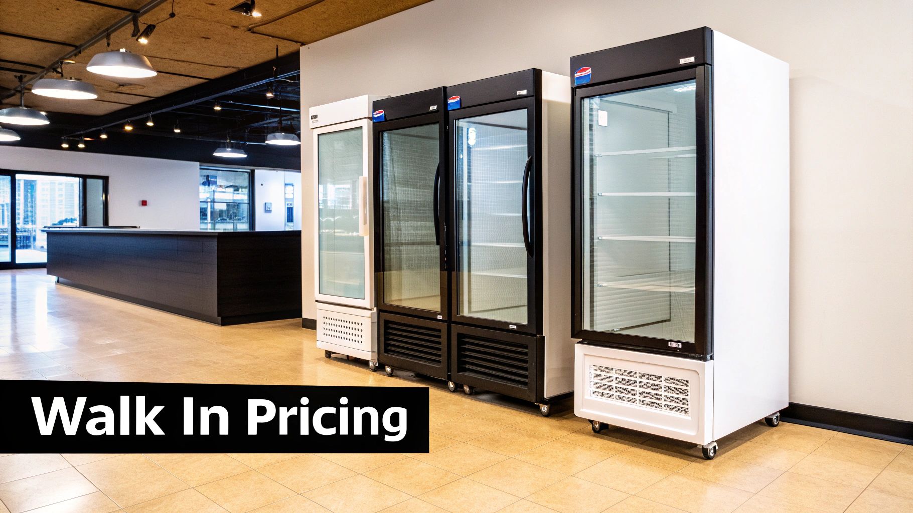A row of several white and black commercial glass-door display refrigerators in a modern showroom.