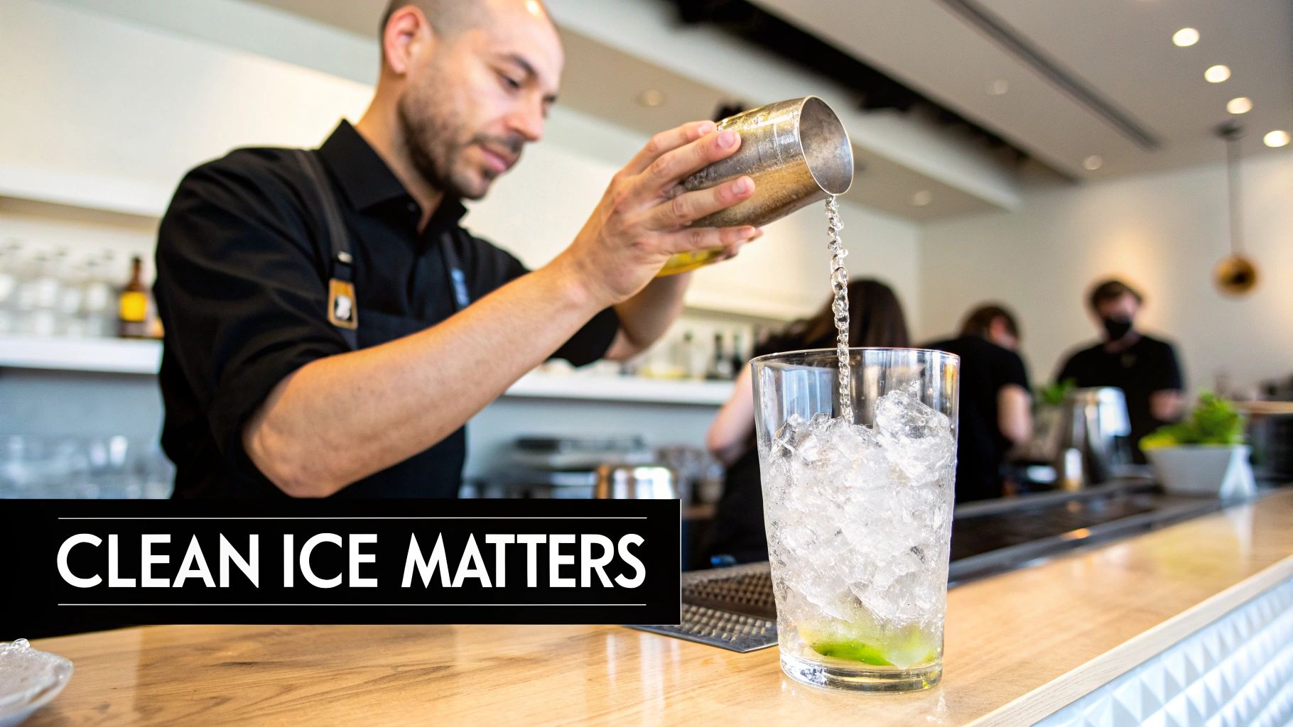 A bartender pours a drink from a metal shaker into a glass filled with ice and lime slices.