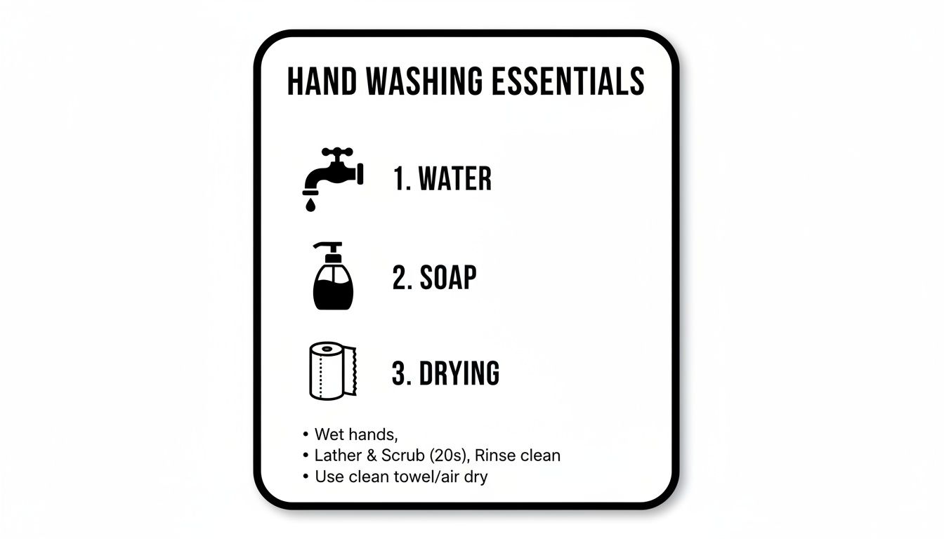 A hand washing essentials guide with steps for water, soap, and drying, including detailed instructions.