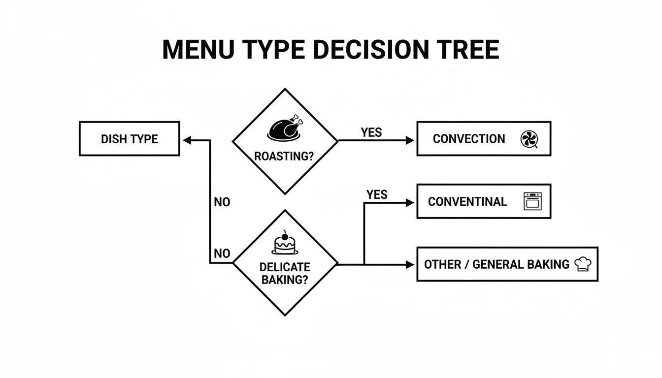 A decision tree illustrating when to use convection, conventional, or general baking methods based on dish type.