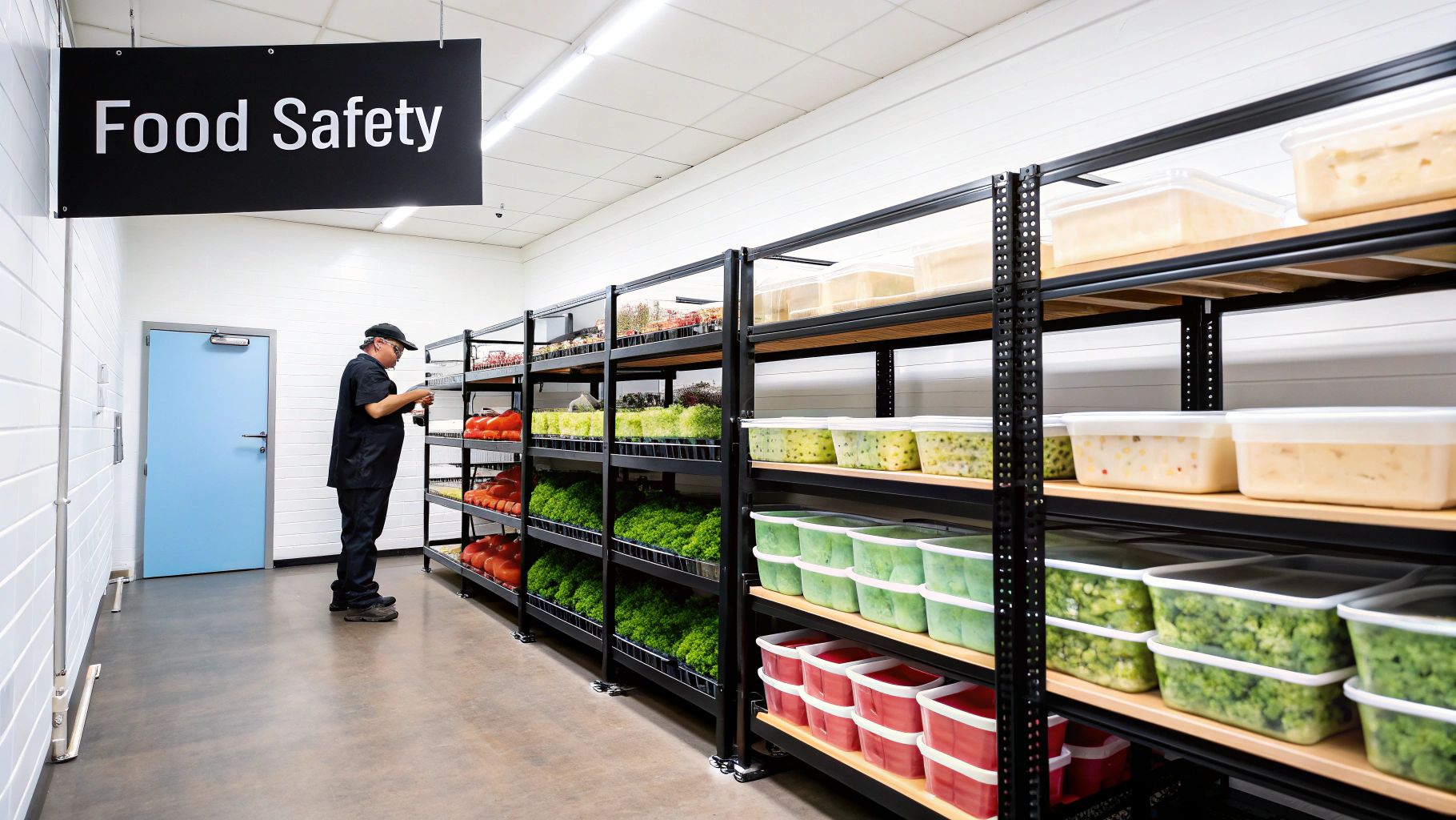A chef organizes food storage containers on shelves in a commercial kitchen, under a 'Food Safety' sign.