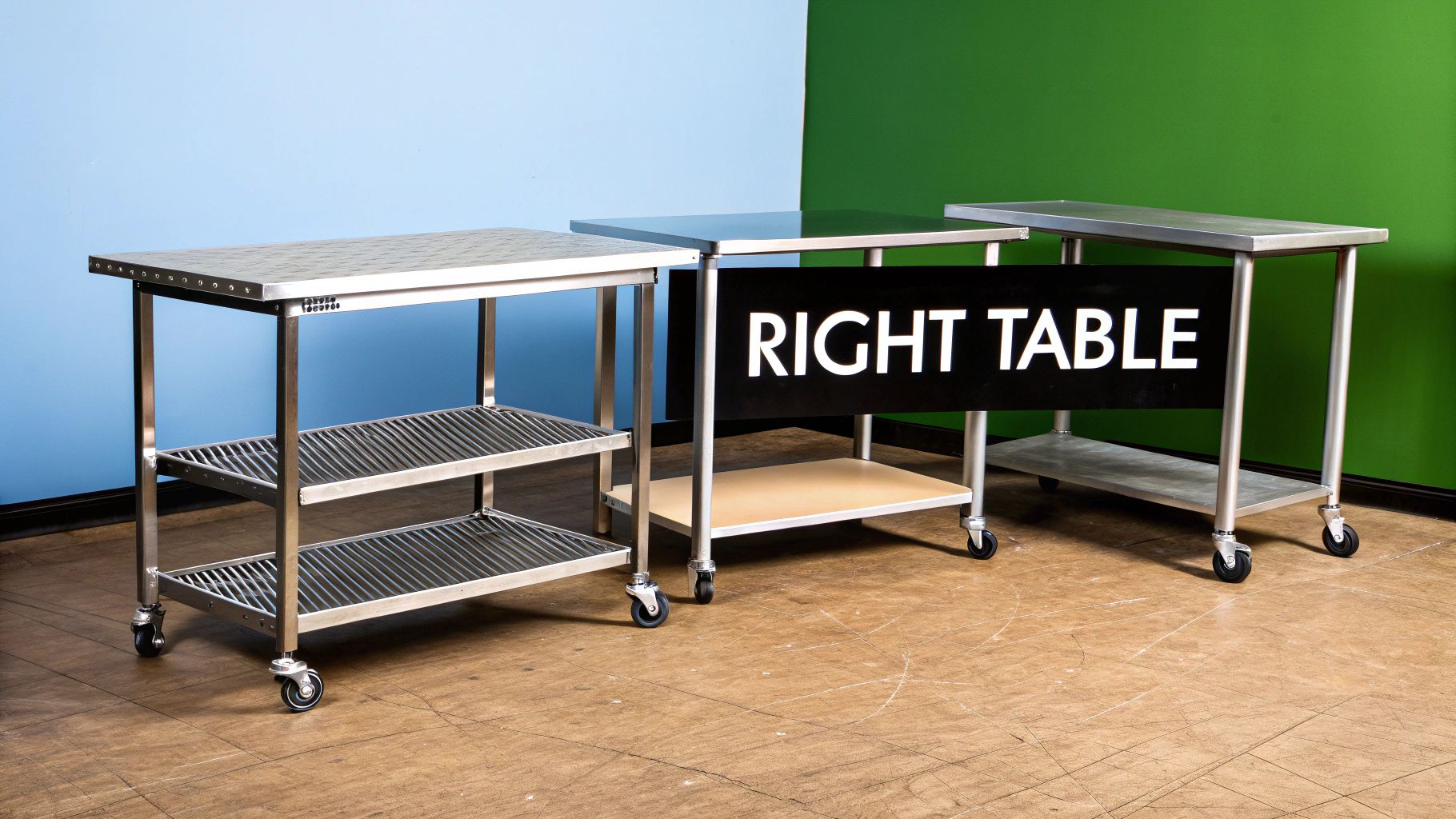 Three stainless steel kitchen prep tables with shelves and wheels, one featuring a 'RIGHT TABLE' banner.