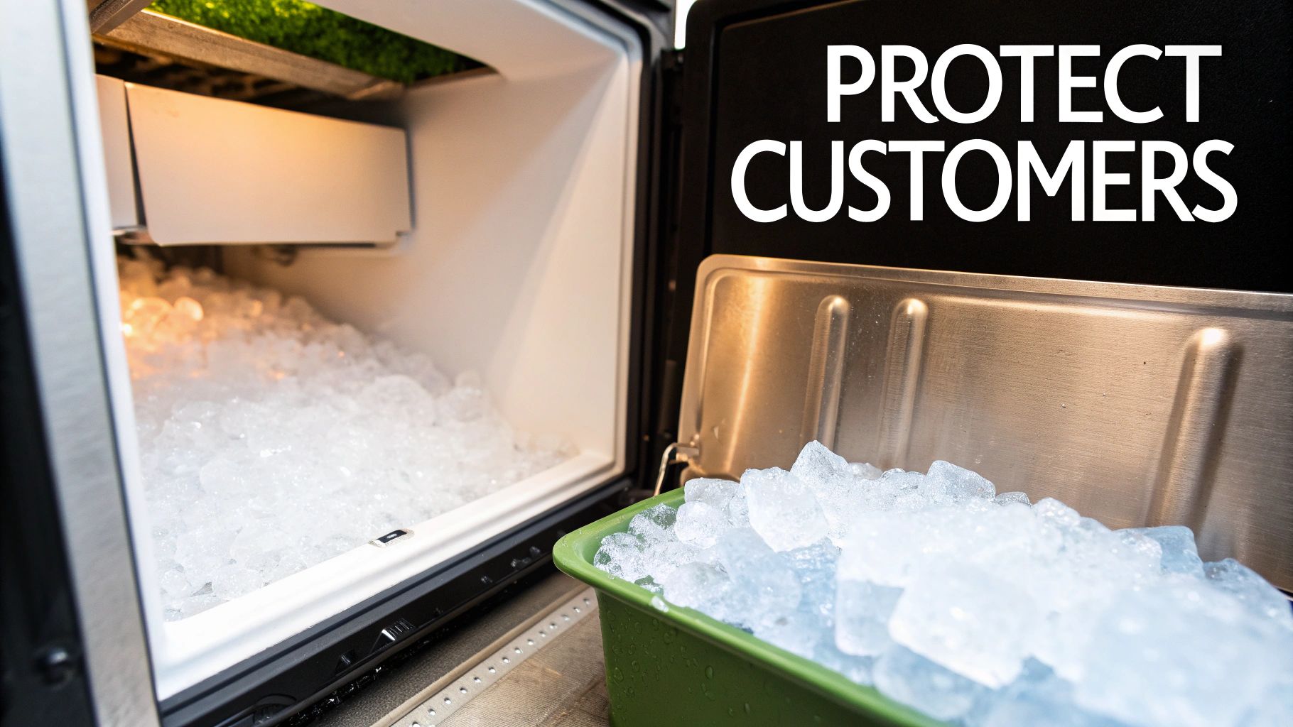 An open ice machine and a green container are brimming with fresh, clean ice, emphasizing customer safety.