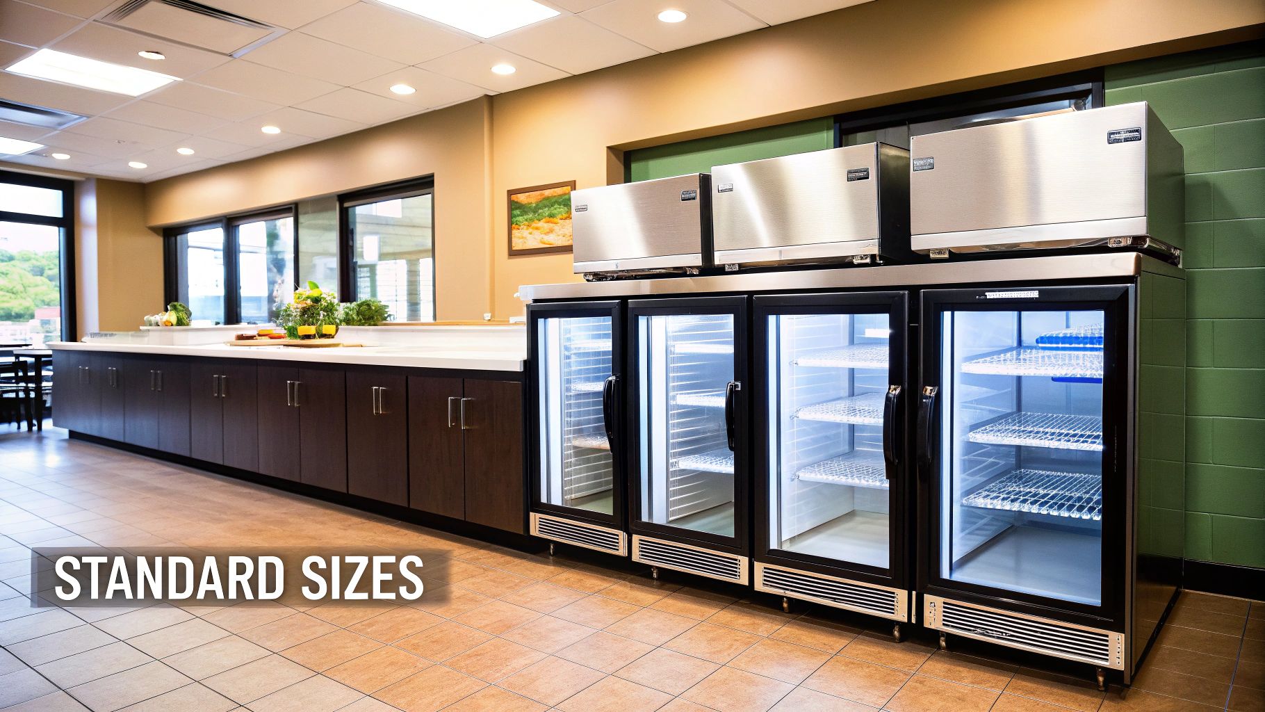 A modern commercial kitchen features three under-counter display refrigerators with glass doors and stainless steel units on top.