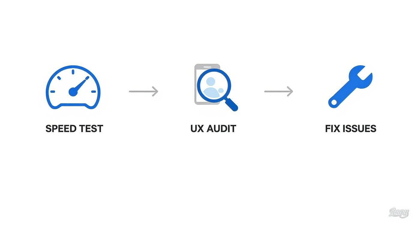 Diagram showing a three-step site improvement process: speed test, UX audit, and fix issues, connected by arrows.
