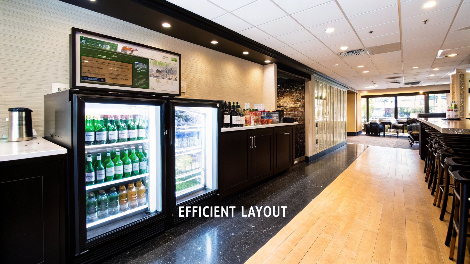 Modern lounge area featuring two illuminated glass-door back bar fridges, a service counter, and a bar with stools.