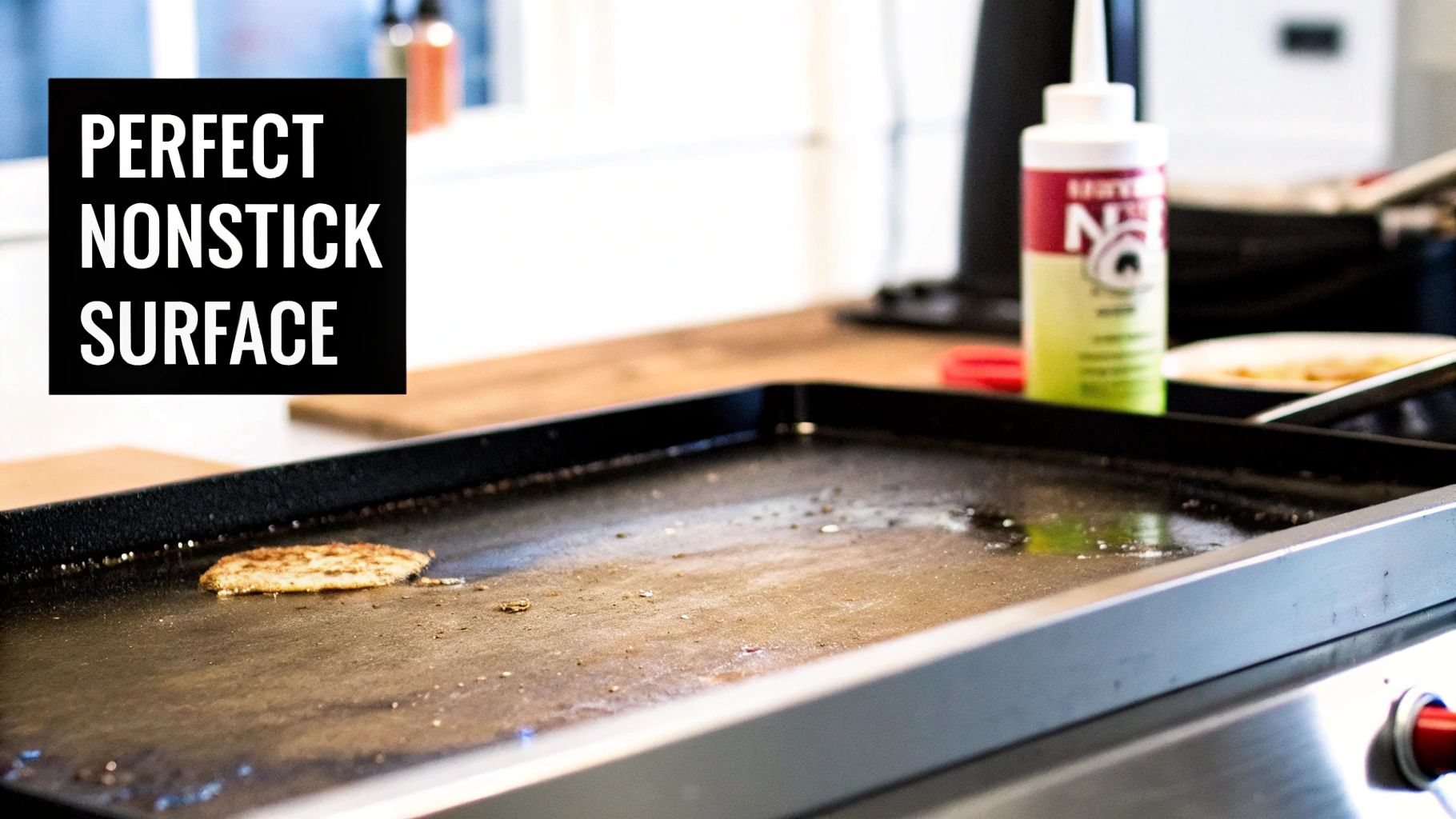 A close-up of a well-seasoned griddle surface with food cooking, promoting a perfect nonstick surface.
