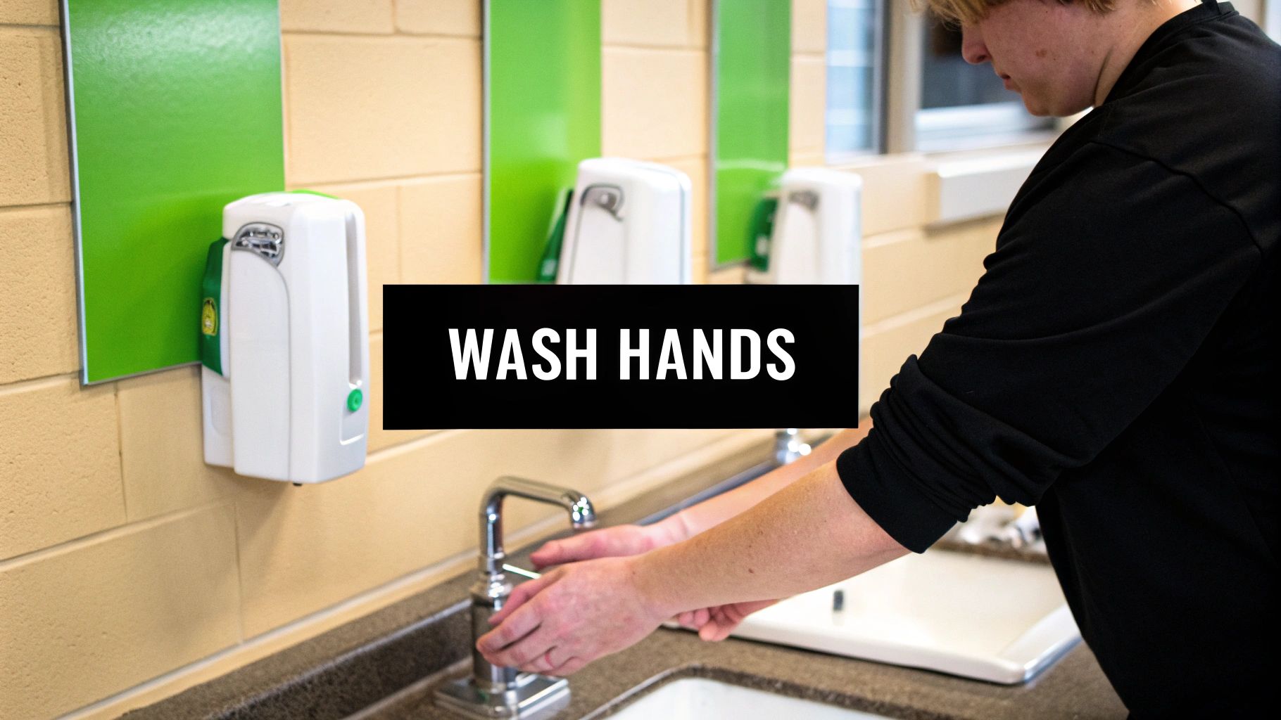A person in a black shirt washes their hands at a sink with soap dispensers on the wall.