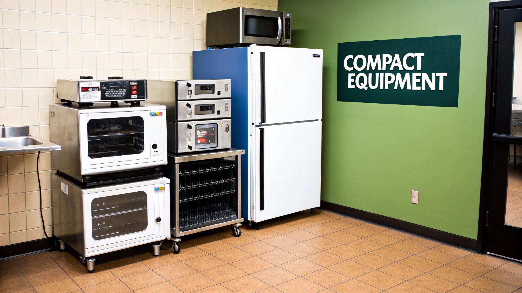 A compact kitchen area with stainless steel ovens, microwave, refrigerator, and a sink.