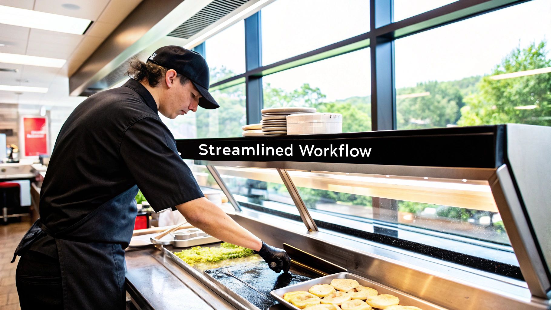 A chef at a commercial griddle, with ingredients and plates nearby, demonstrating an efficient workflow.