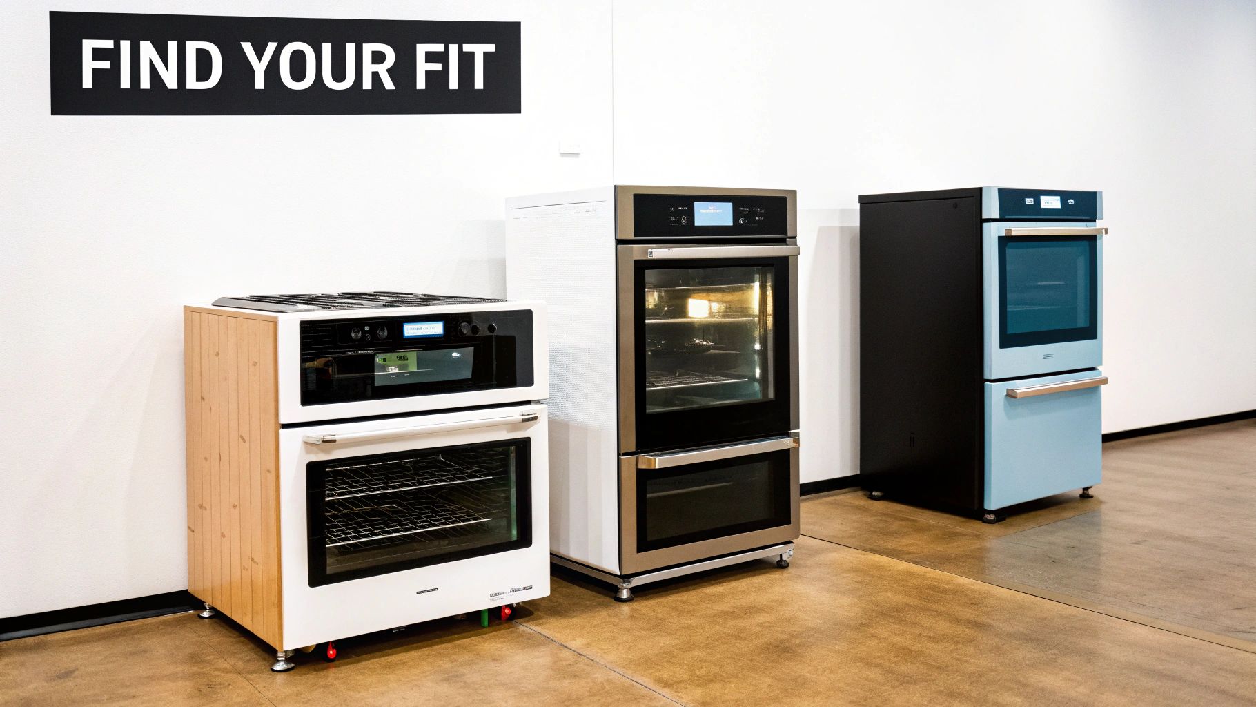 Three stylish double ovens in different designs and colors displayed in a modern showroom.