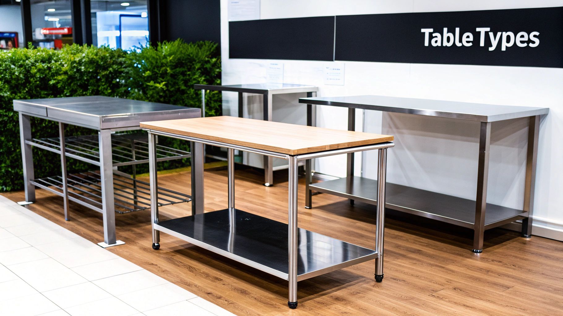 A row of various used stainless steel tables available for sale in a warehouse.