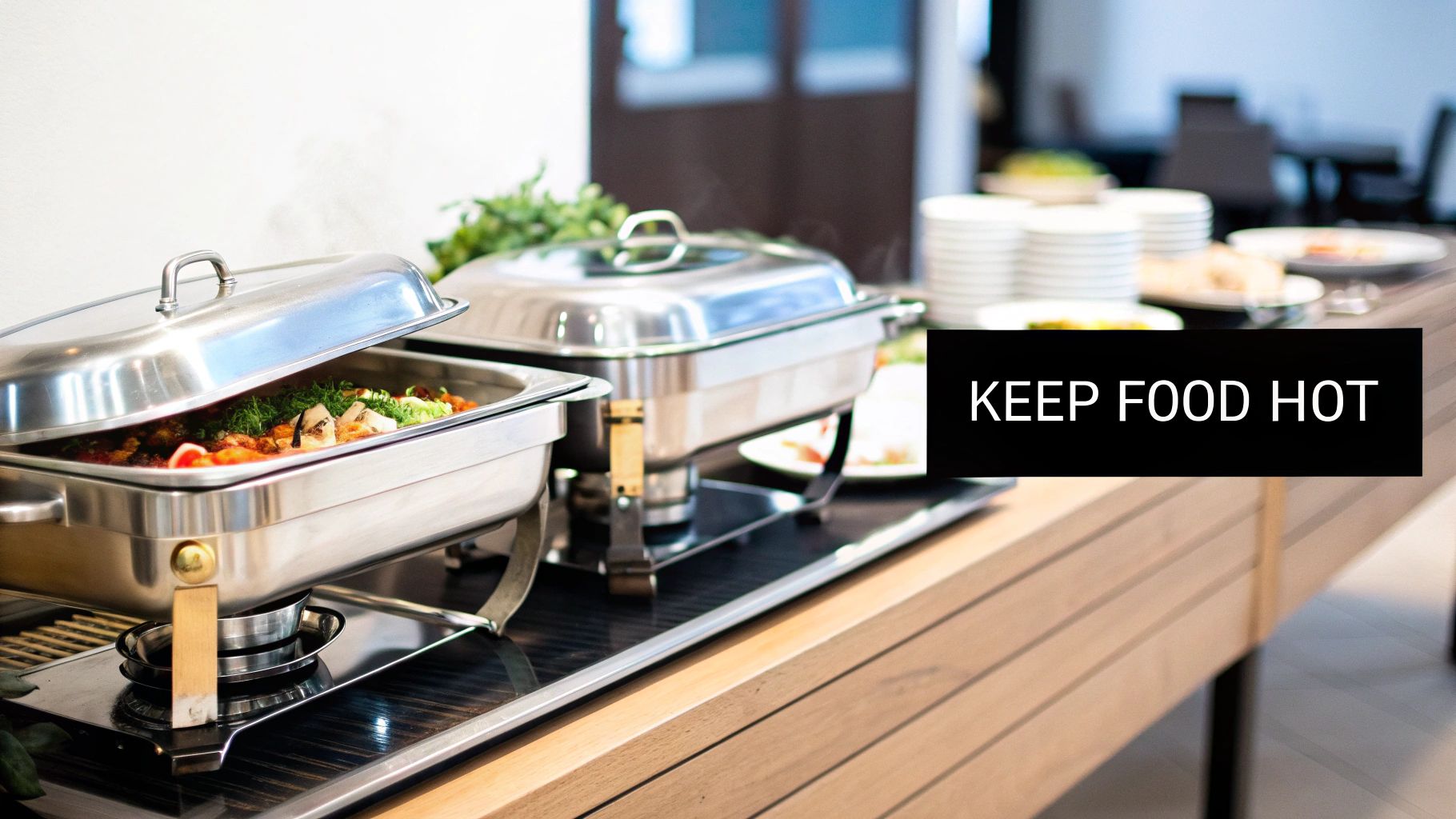 A buffet line with various hot dishes held in a stainless steel warming table, ready for service.