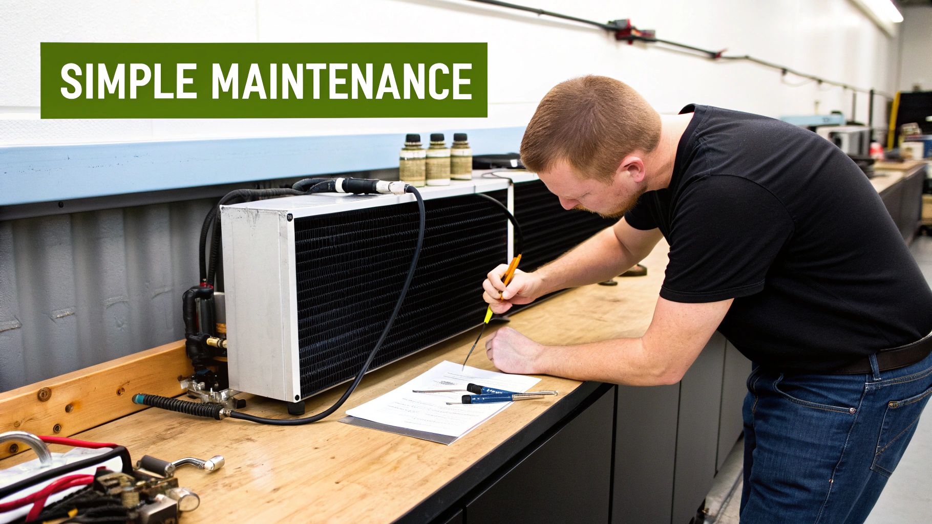 A man performs maintenance on industrial cooling units at a workbench with tools and paperwork.